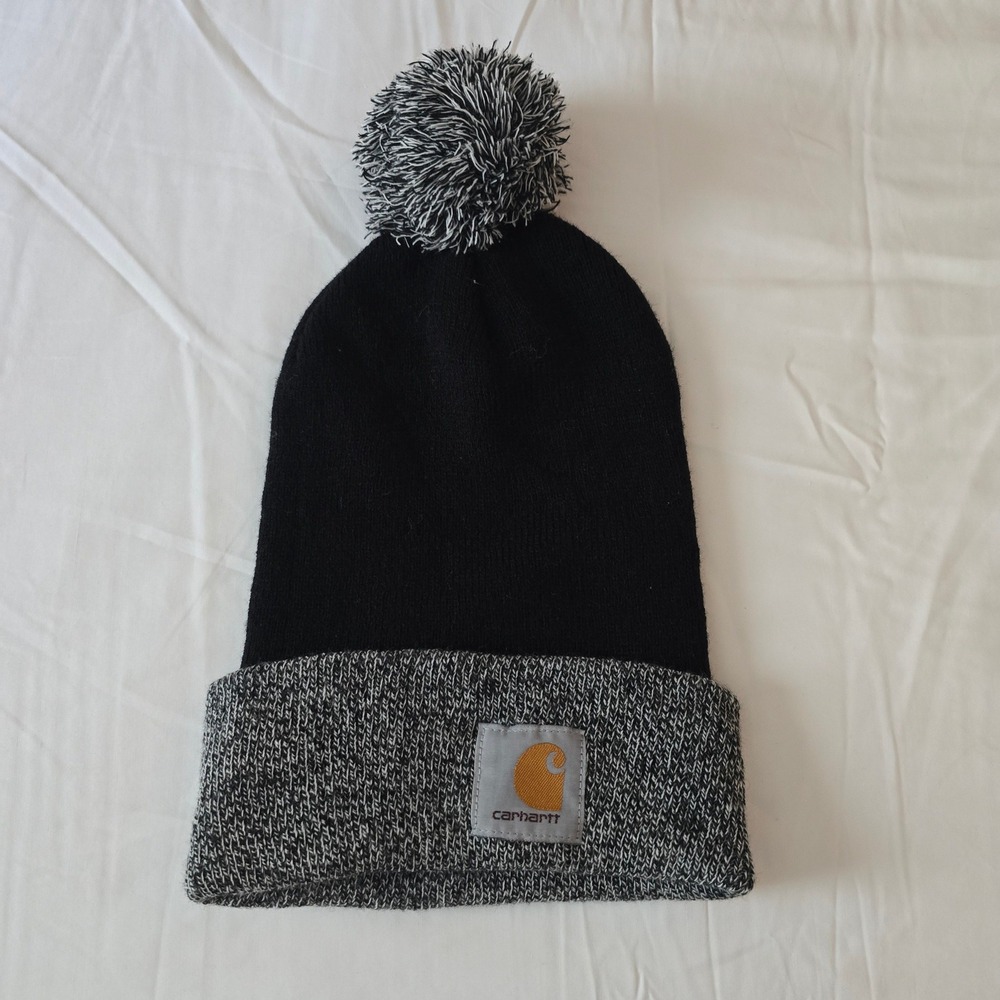 Carhartt AH2240-W Pom-Pom Cuffed Beanie Hat Unisex OS Black Grey Workwear Knit